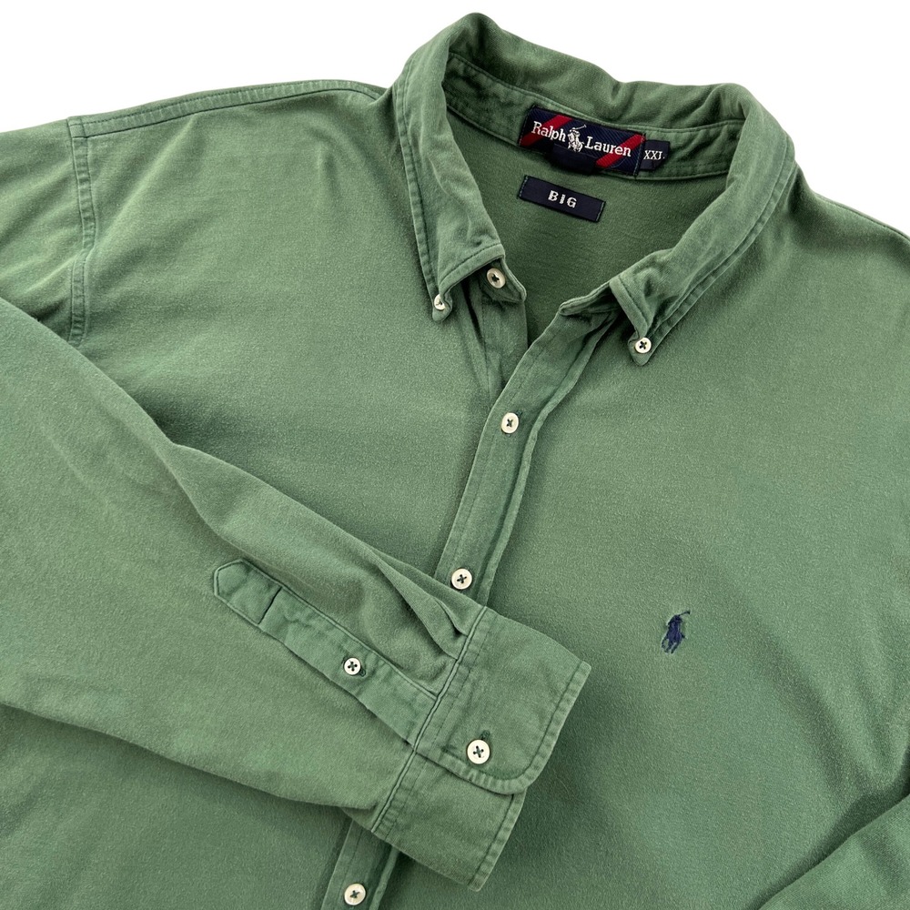 Y2K Ralph Lauren BIG Men XXL Green Long Sleeve Button Down Cotton Shirt Ivy Prep - Picture 1 of 9